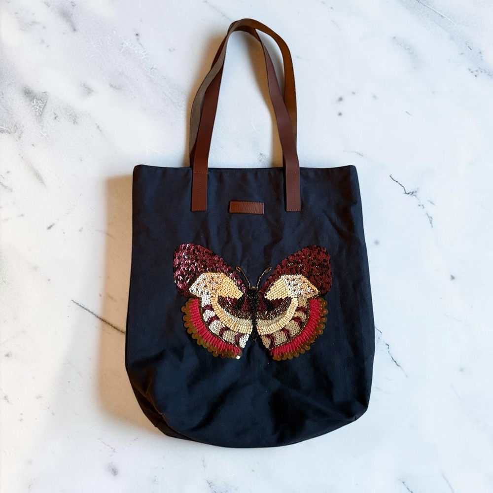 BeckSöndergaard Navy Tote Bag Beaded Sequin Butterfly Leather Straps